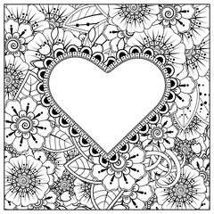 Hand drawn heart with mehndi flower. decoration in ethnic oriental, doodle ornament. outline hand draw illustration.  