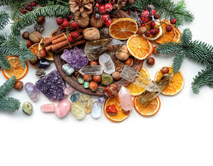Crystal gemstones and natural winter decor. Witchcraft Magical Ritual, energy healing minerals....