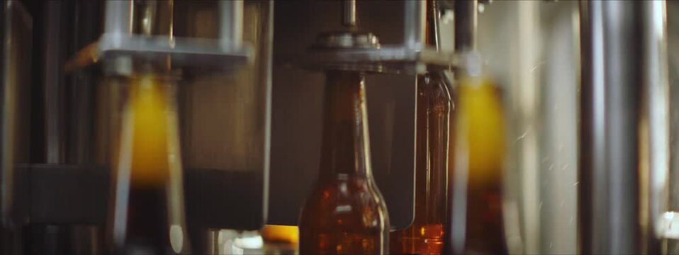 Close-up video of beer bottles on a modern machinery. Full glass beer bottles moving on a modern machine. Factory, brewery concept.