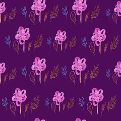 Naive floral seamless pattern made by watercolor. Botanical motives: flowers, leaves, plants, branches, grass. Good for textile design, wrapping paper, postcards