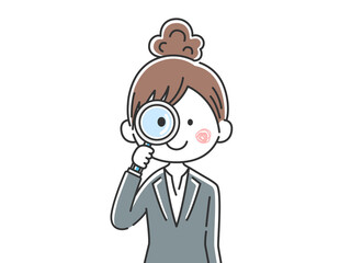 虫眼鏡を使う日本人ビジネスウーマンのイラスト
