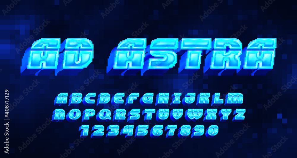 Poster ad astra alphabet font. pixel letters and numbers in 80s style. pixel background. 80s arcade video g
