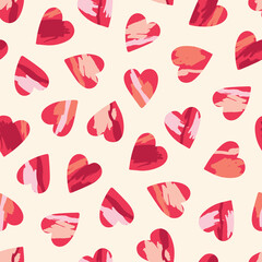 Valentine's Day Holiday Hand-Drawn Trendy Vector Seamless Pattern. Pink and Red Brushstrokes Abstract Hearts on Cream Background. Elegant Whimsical Feminine Print for Fashion, Packaging, Wrapping