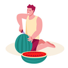 A man is cutting a watermelon. Vector illustration in flat cartoon style. Isolated on a white background.