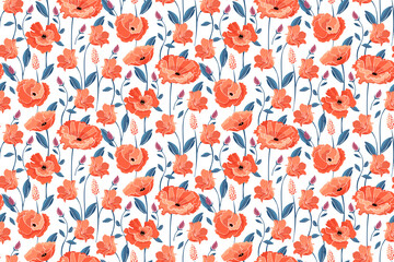 Vector floral seamless pattern. California poppy flowers, Eschscholtzia. Seamless pattern with coral color flowers, blue leaves and stems. Floral elements isolated on white background.