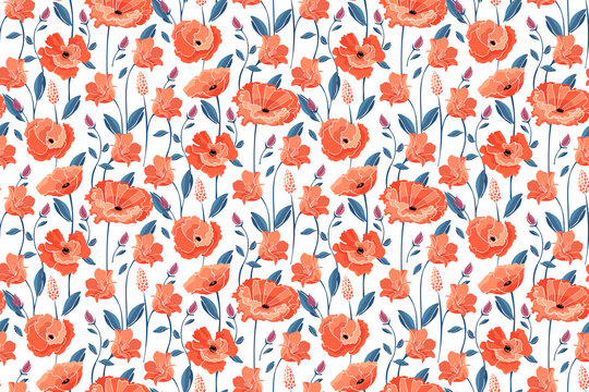 Vector floral seamless pattern. California poppy flowers, Eschscholtzia. Seamless pattern with coral color flowers, blue leaves and stems. Floral elements isolated on white background.