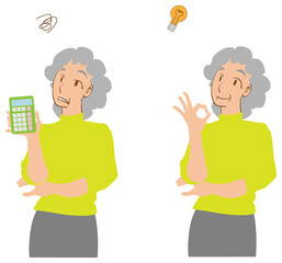 悩む　電卓　オッケー　シニア主婦　女性