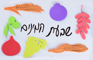 Fototapeta na wymiar Tu Bishvat greeting card, Jewish holiday, new year of trees.Hebrew text: Seven Species Shiv'at HaMinim are seven agricultural products - two grains and five fruits special products of Land Israel.