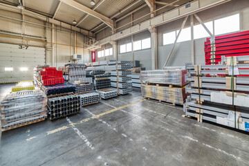 Finished goods warehouse, metal profile packed in bundles.