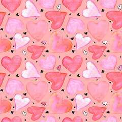 Seamless pattern with watercolor hearts. Romantic love hand drawn backgrounds texture. For greeting cards, wrapping paper, wedding, birthday, fabric, textile, Valentines Day, mothers Day, easter