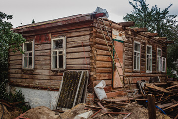 Old ruined wooden house, old house, crumbling small house, ghost town, destroyed building
