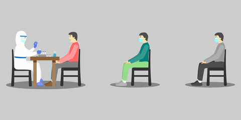 group of people sit on the chair waiting in line for getting Covid-19 swab test. Queue up and keep social distancing for Corona virus testing cartoon vector