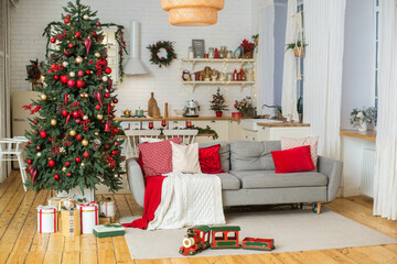 christmas tree with gifts and presents interior 