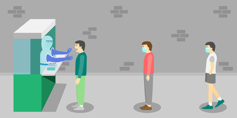 Group of people queue to get Covid-19 swab testing. Mobile Covid-19 box booth outdoor service in the city.