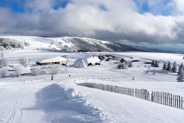 Fototapeta na wymiar Markstein ski resort on a cold partly cloudy day.