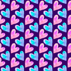 Seamless pattern with watercolor pink blue hearts. Romantic love hand drawn backgrounds texture. For greeting cards, wrapping paper, wedding, birthday, fabric, textile, Valentines Day, mothers Day