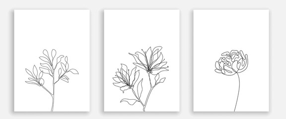 Abstract Flowers Line Art Prints Set. Modern Minimalist Single Line Art, Flowers, Aesthetic Contour. Great for Poster, Wall art, Prints, t-shirt, Sticker, Logo, Banner. Vector EPS 10