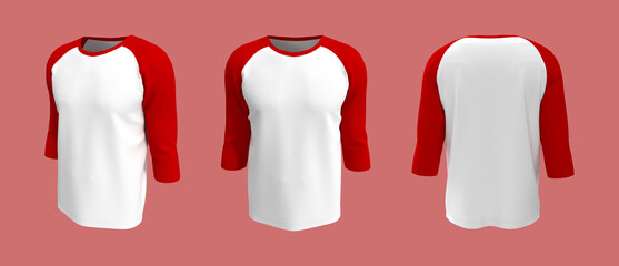 men's half-sleeve raglan t-shirt mockup in front, side and back views, design presentation for print, 3d illustration, 3d rendering