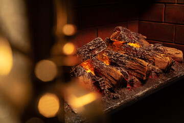 Close up of a fireplace with burning wood logs inside