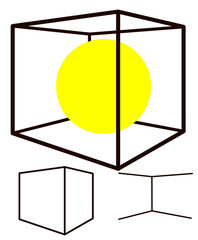 Cube silhouette front and back edges and circle inside in separate layers. Make your own design and put pictures inside the cube layers parts. EPS10 vector mockup illustration isolated on white.