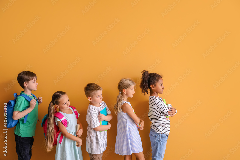 Poster little children with books on color background