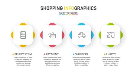 Concept of shopping process with 4 successive steps. Four colorful graphic elements. Timeline design for brochure, presentation, web site. Infographic design layout.