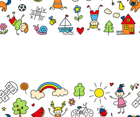 Fototapeta premium Happy children in summer park. Funny small kids play, run and jump. Color background in kid doodle style. Hand drawn vector illustration