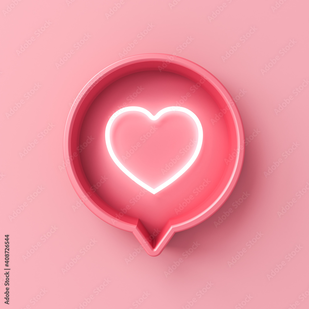 Poster sweet pink social media notification neon love like heart icon in pink round pin sign box isolated o