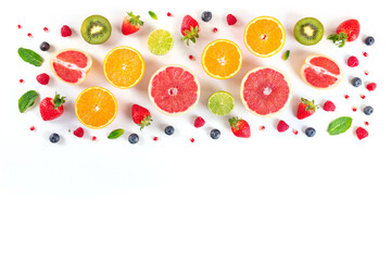 Fresh fruit design template, a flatlay overhead shot on a white background, vibrant food pattern with a place for text