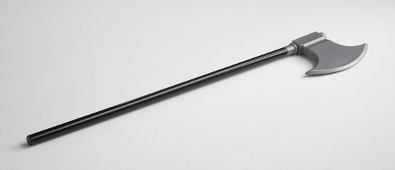 Plastic miniature model of pick axe with black handle. Toy ax isolated white background. 