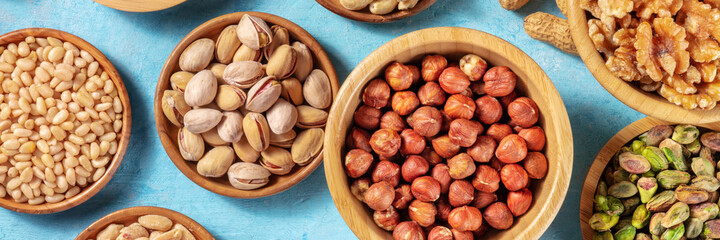 Nuts variety panoramic banner. Hazelnuts, pistachios, pine nuts and walnuts, top shot