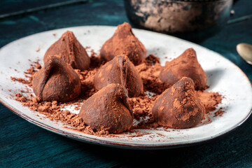 Chocolate truffles with cocoa powder close-up on a dark wooden background