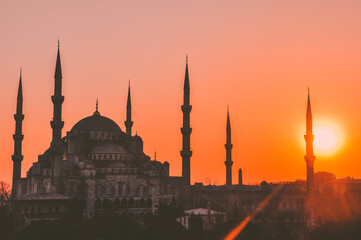 Islamic place of worship, mosque structure.
Istanbul Hagia Sophia Mosque in Turkey. Mosque silhouette and sunset.