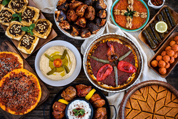 Many kinds of food and meze on the dining table