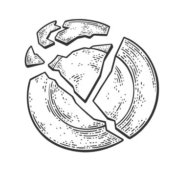 broken plate sketch engraving vector illustration. T-shirt apparel print design. Scratch board imitation. Black and white hand drawn image.