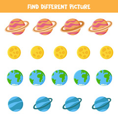 Find different planet in each row. Logical game for kids.