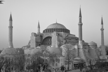 Islamic place of worship, mosque structure. 
Black and white shooting. Istanbul Hagia Sophia mosque.