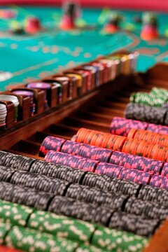 Casino chips on craps table in a casino, Las Vegas, Nevada, USA