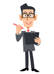 クリップボードとペンを持つメガネをかけたビジネスマン
