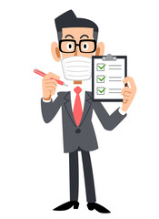 チェックリストを持つマスクを着用しメガネをかけたビジネスマン
