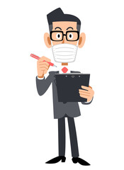 クリップボードとペンを持つマスクを着用しメガネをかけたビジネスマン
