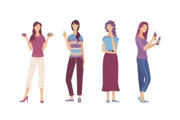 Fototapeta premium Young woman comparing skincare beauty products. Cute girl choosing between healthy and junk food. Lady in doubt with hand on chin gesture. Woman pointing gesture. Flat vector cartoon illustration