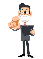 指差し確認するマスクを着用しメガネをかけたビジネスマン
