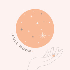fine line Illustration full moon with hand in pastel color