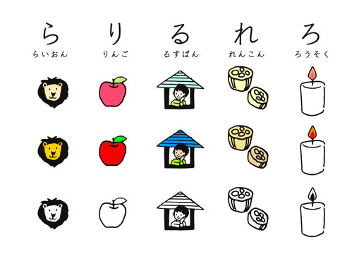 らりるれろ らいおん りんご 留守番 れんこん ろうそく のイラスト ひらがな イラスト カラフル ポップ かわいい イラスト素材 セット カタカナ 文字 日本語 アイコン 白背景 絵本 グラフィック素材 Stock ベクター Adobe Stock