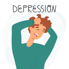 Depressed, very stressed or taking something heavy person concept. Young guy crying, clutching his head with his hands.