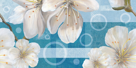 blue background white color flowers pattern texture use for wall tiles and wall paper designs - 408730755