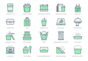 Take away food service line icons. Vector illustration with icon - box, pizza, takeout package, sandwich and soup container outline pictogram for takeaway meal. Green Color Editable Stroke