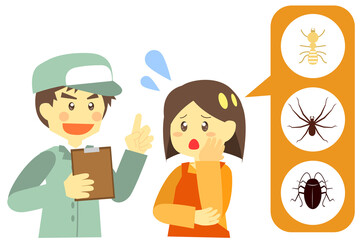 害虫駆除の相談をする主婦バストアップ　マスク無しver