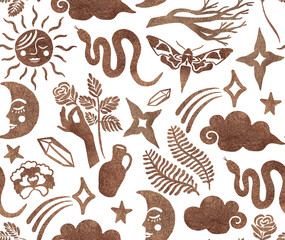 Seamless pattern with mystical and magic symbols. Stock illustration with snake, sun, moon, crystal, stars and rose